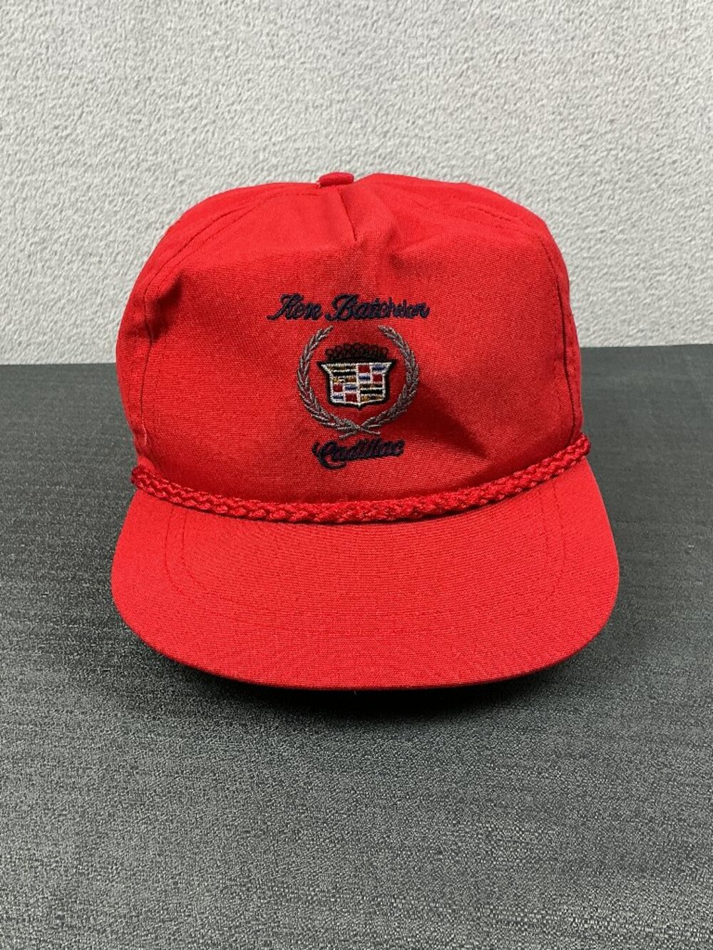 Vintage Cadillac Red Adjustable Trucker Rope Cap Hat La Mode Made in USA.